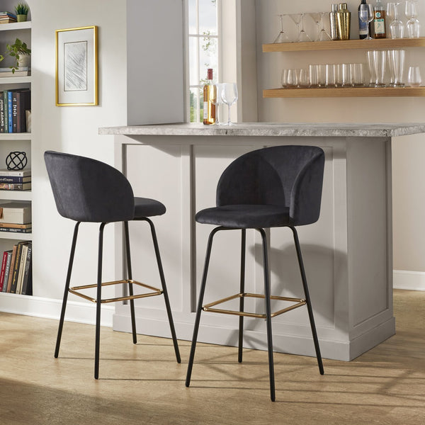 English Elm Fixed-height Swivel Barstools Velvet Seat Gold Footrest Glam Kitchen Island Set of 2 Black B202S01908