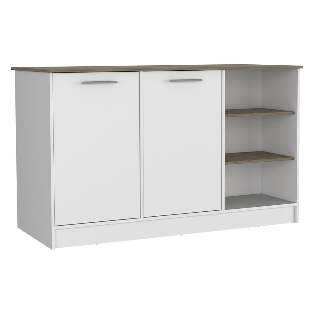 English Elm Kitchen Island With Two Cabinets & Three Open Shelves - Stylish White & Dark Brown Storage Solution B097S00130