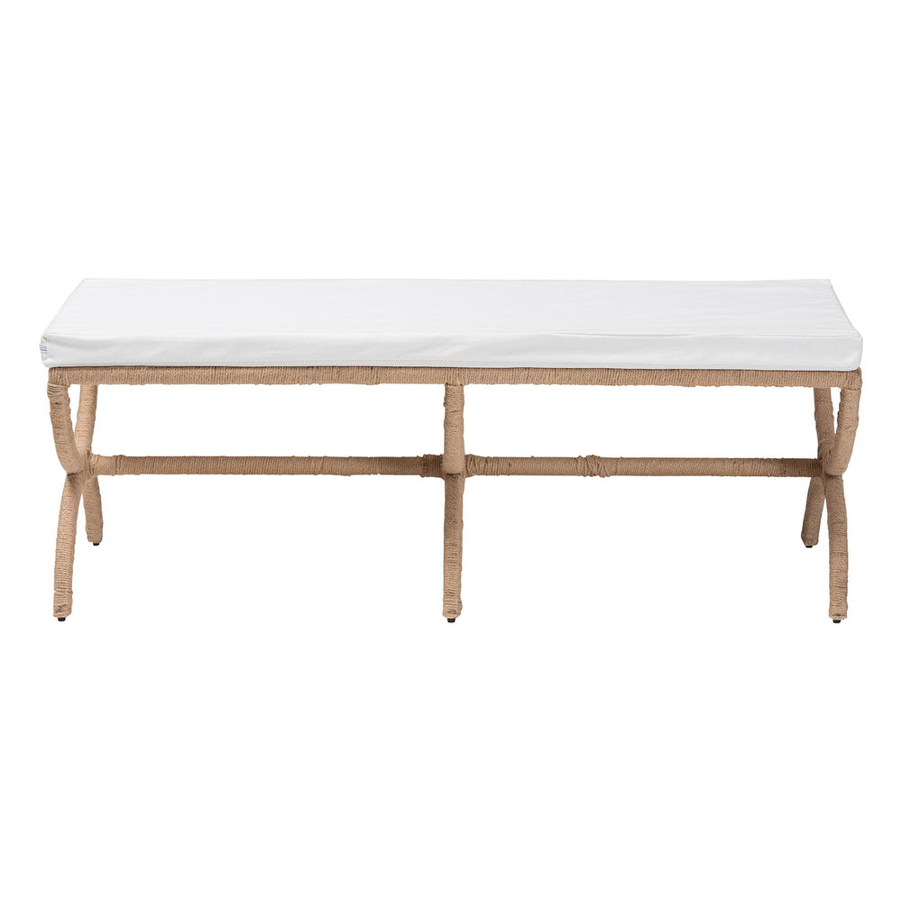 English Elm Japandi Woven Jute Bench with Sculptural Hourglass Legs for Entryway or Bedroom B2750P467806
