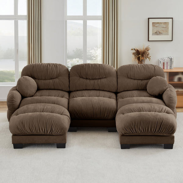 English Elm Pleated Chenille U-shape Sectional Sofa with Ottomans Ergonomic Foam Curved Armrests Brown W5656S00060