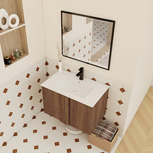 English Elm 30" Floating Bathroom Vanity Dark Oak Cabinet Ceramic Sink Open Shelf Soft Close Brown Ebony,Glossy White W3450P435839
