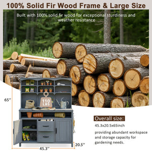 English Elm (with Hutch) Topmax Solid Fir Outdoor Potting Bench Station Cabinets Drawers Patio Garden Gray N717P404332E
