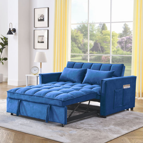 English Elm Sleeper Velvet Convertible Sofa Bed 3-in-1 Recliner 2-Seater Sectional with Pillows & Side Pockets Blue W1853P255671