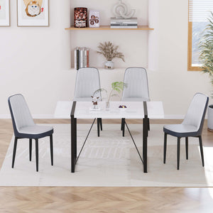English Elm 55 Modern 4-Person MDF Dining Table Set with Sturdy Black Metal Legs and Padded PU Chairs for Families Blue,White W2189S00730