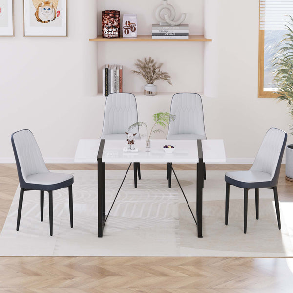 English Elm 55 Modern 4-Person MDF Dining Table Set with Sturdy Black Metal Legs and Padded PU Chairs for Families Blue,White W2189S00730