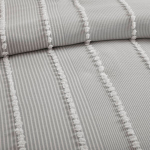 English Elm 3-piece King Yarn Dyed Cotton Duvet Set with Pompom Jacquard Stripe Percale Reverse Grey B035P482895