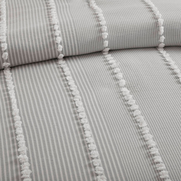 English Elm 3-piece Cotton Yarn Dyed Duvet Cover Set with Jacquard Pompom Stripe Bedding Grey B035P482894