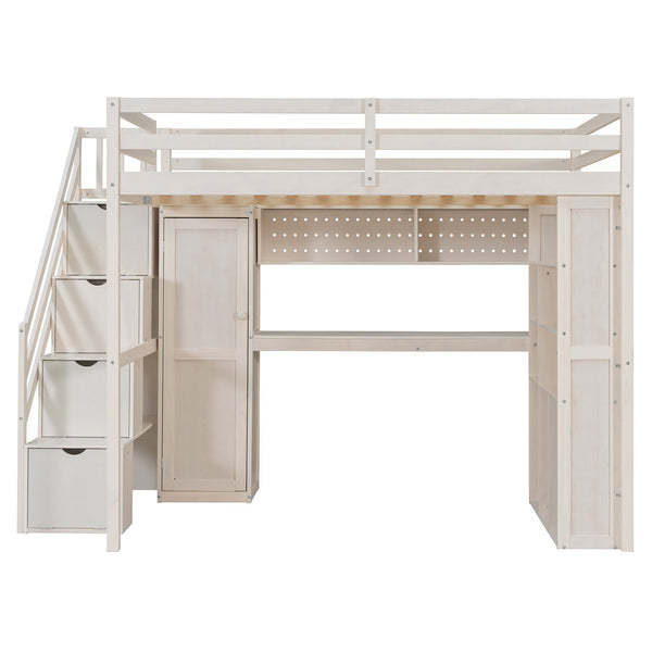 English Elm Full Loft Bed with Integrated Wardrobe Desk Shelving and Led Lighting for Teen Rooms Beige LT000927AAA