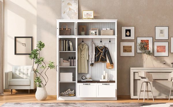 English Elm 3-in-1 Entryway Hall Tree with Cabinet Hooks Bench Drawers and Adjustable Shelving White SJ000160AAK