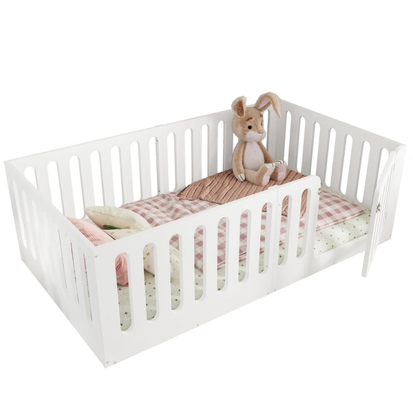 English Elm Twin Solid Pine Montessori Floor Bed with House Frame Door and Safety Fence Light White W5305P420632