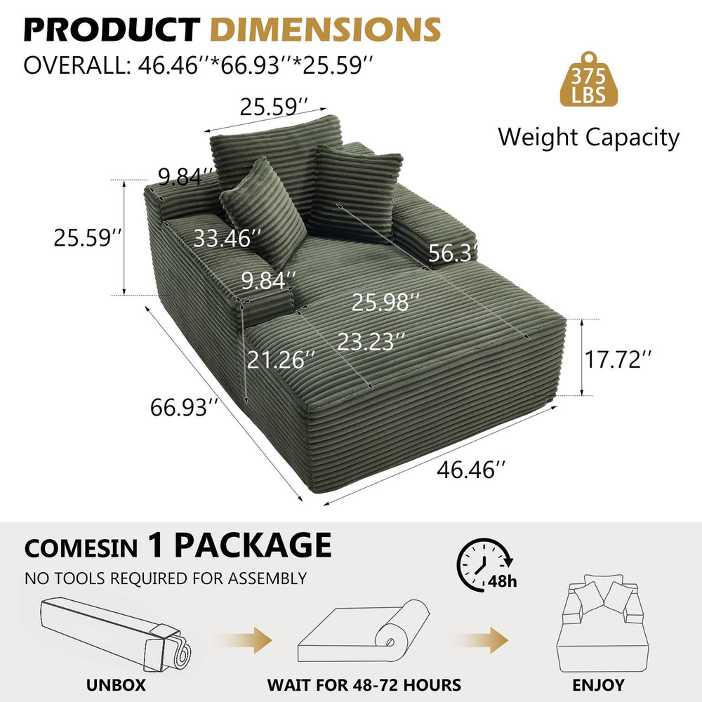 English Elm 67" Oversized Corduroy Chaise Lounge Sofa with Wide Armrests and Convertible Sleeper Design W1803P354231