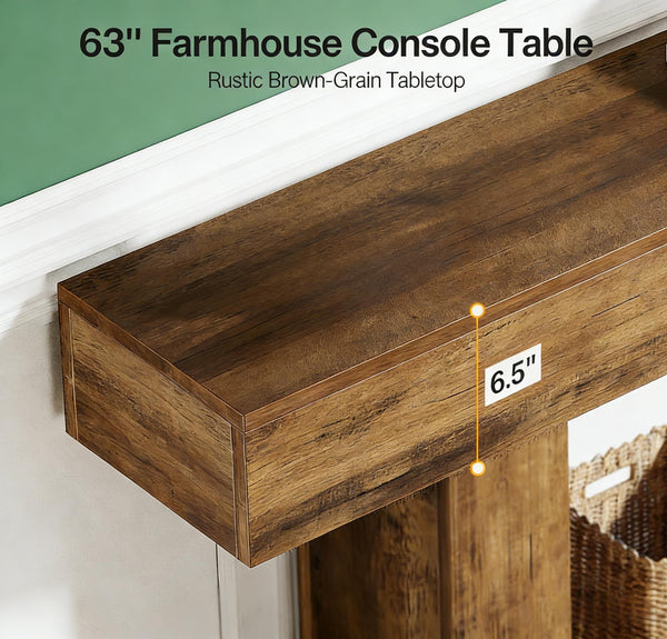 English Elm Practical Geometric Console Table with Matte Black Wood Grain Finish for Entryway or Sofa Rustic Brown T3971P454034
