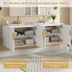 English Elm 60" Vintage Bathroom Vanity with Ceramic Sink Wall-Mount Modern Striped Design Durable MDF Wood Finish White N710SS00010K