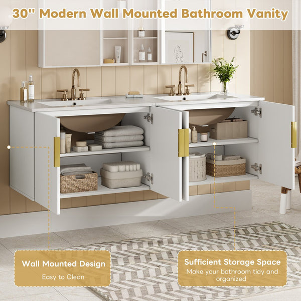 English Elm 60" Vintage Bathroom Vanity with Ceramic Sink Wall-Mount Modern Striped Design Durable MDF Wood Finish White N710SS00010K