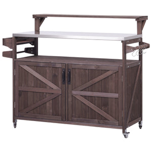 English Elm K&K 53.3" Outdoor Kitchen Island with 1.2" Stainless Top, Spacious Storage, Raised Shelf, Wheels Brown N707P250628Z