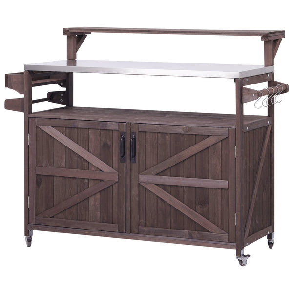 English Elm K&K 53.3" Outdoor Kitchen Island with 1.2" Stainless Top, Spacious Storage, Raised Shelf, Wheels Brown N707P250628Z