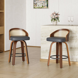 English Elm Swivel Counter Stools Set of 2 Rattan Back Pu Seat Mid Century Wood Frame Kitchen Black T3623P431195