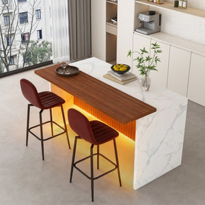 English Elm 63-Inch Modern Kitchen Island Set With Led Lighting & 2 Bar Stools - Elegant Marble Look For Dining W2699S00064