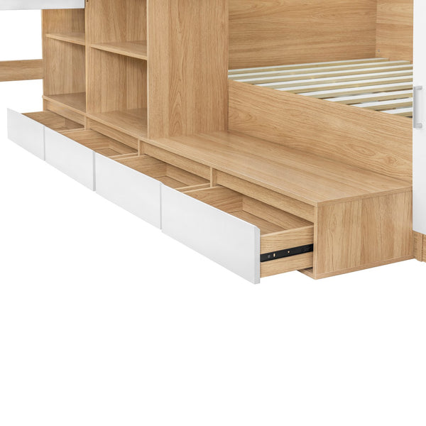 English Elm Full Size Wooden Platform Bed With 6 Drawers, Desk, Shelves & Wardrobe - Stylish Natural Finish N820S00060N