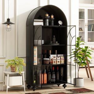 English Elm Modern Arched Storage Cabinet Antique Black Steel & Tempered Glass Doors Industrial Farmhouse Display W3122P272652