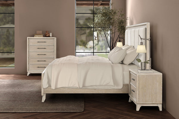 English Elm 3pc Queen Bedroom Set Oak Veneer Channel Padded Headboard Nightstands Transitional B2741S00857