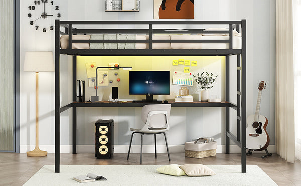 English Elm Metal Full Size Loft Bed with Desk, USB Power & RGB LED Lighting, Space-Saving Black Frame W1580P251091