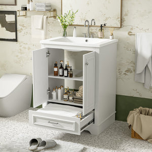 English Elm 24'' Bathroom Vanity with Ceramic Sink Combo Modern Freestanding MDF Cabinet with Soft-Close Doors and Sleek Silver Handles for Spacious Organized Bathroom Storage White N710P194893K