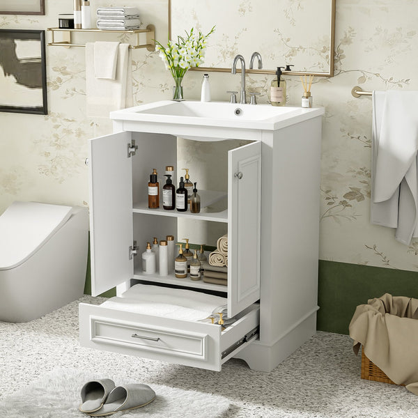 English Elm 24'' Bathroom Vanity with Ceramic Sink Combo Modern Freestanding MDF Cabinet with Soft-Close Doors and Sleek Silver Handles for Spacious Organized Bathroom Storage White N710P194893K