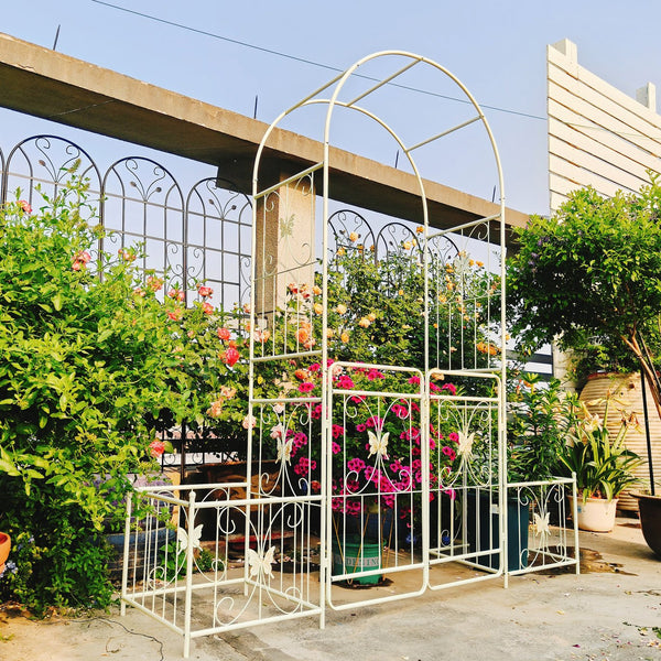 English Elm Metal Garden Arch Gate with Planter Stands Powder Coated Steel Rose Climbing Support W1586P243826