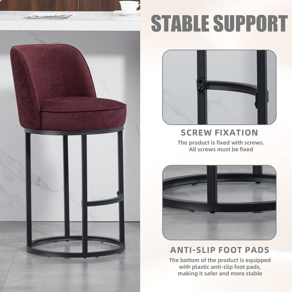 English Elm Counter Height Barstools Set of 2 Linen Upholstered Barrel Seat with Iron Legs Wine Red W395P410434