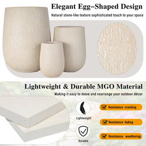 English Elm U_style Egg Shaped Mgo Stone Look Planters Set of 3 Sculptural Pots for Patio Garden N711P406659A