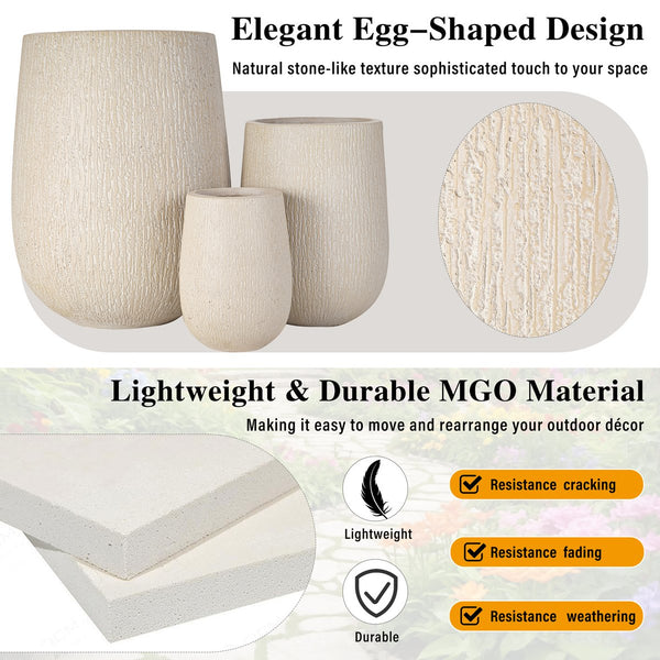 English Elm U_style Egg Shaped Mgo Stone Look Planters Set of 3 Sculptural Pots for Patio Garden N711P406659A