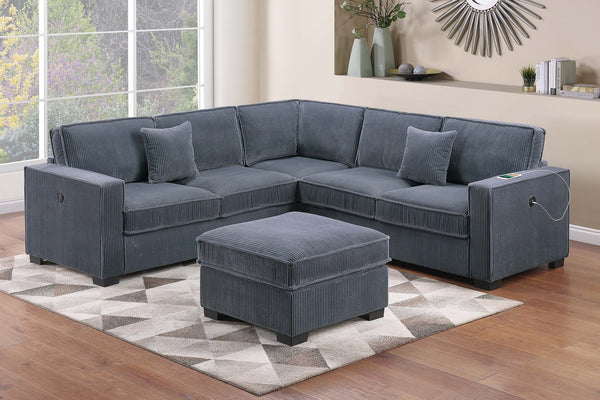 English Elm Contemporary Corduroy Sectional Set with Usb Ports Ottoman and Modular Living Room Seating B011S02200