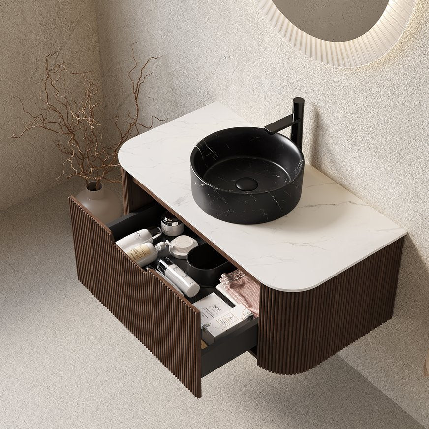 English Elm Dina Floating Bathroom Vanity Sintered Stone Top Glass Basin Striped Plywood Cabinet Black,Carrara White,Walnut W2615S00712