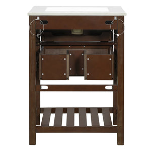 English Elm 24" Rattan Front Bathroom Vanity with Ceramic Sink Deep Drawer Storage Mdf Cabinet Dark Brown N710P293990P