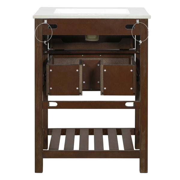 English Elm 24" Rattan Front Bathroom Vanity with Ceramic Sink Deep Drawer Storage Mdf Cabinet Dark Brown N710P293990P