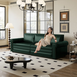 English Elm Chesterfield Sofa: 3-In-1 Faux Leather Convertible Sleeper Bed With Nailhead Trim & Comfort Pillows W1885S00105