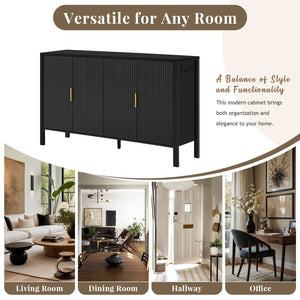 English Elm U_style Striped Four Door Sideboard Mdf Buffet Cabinet with Adjustable Shelves for Dining Black N711P345170B