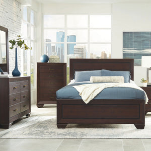 English Elm Harrison Queen Panel Bed in Dark Cocoa Finish — Tailored Picture-Frame Panels, Rich Grain Warmth and Calm Structure B062S01374
