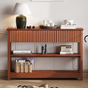 English Elm 47″ Fluted MDF Console Table with 3 Drawers & Open Shelf, Brown Cherry Finish for Entryway Elegance T3771P369064