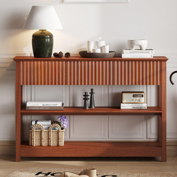 English Elm 47″ Fluted MDF Console Table with 3 Drawers & Open Shelf, Brown Cherry Finish for Entryway Elegance T3771P369064