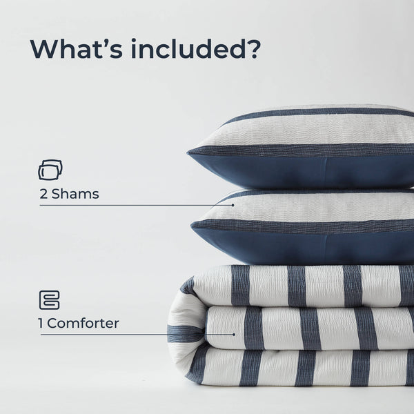 JLA Home Super Listing - Yarn-dyed Merritt striped comforter with woven tonal texture, subtle crinkle, OEKO-TEX quality, all-season cozy Blue AM10-0610