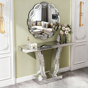 English Elm Silver Wave Frame Round Wall Mirror with Diamond Beveled Facets for Glam Home Decor W1445P370440