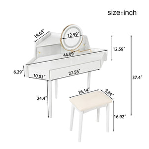 English Elm Modern Corner Makeup Vanity Desk with 360° Rotating LED Mirror, Drawer, Cabinet & Cushioned Stool N844P263664A