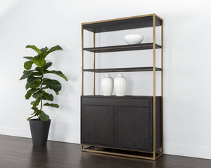 Sunpan Baldessara Bookcase - Rustic Bronze Steel Frame with Grey Oak Veneer Shelves, Anti-Tipping Kit Included