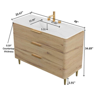 English Elm AMARA 48" Bathroom Vanity with Integrated Sintered Stone Basin, Pre-Assembled Plywood Cabinet, 3 Drawers, Motion Light Carrara White,White Oak W2615P346337