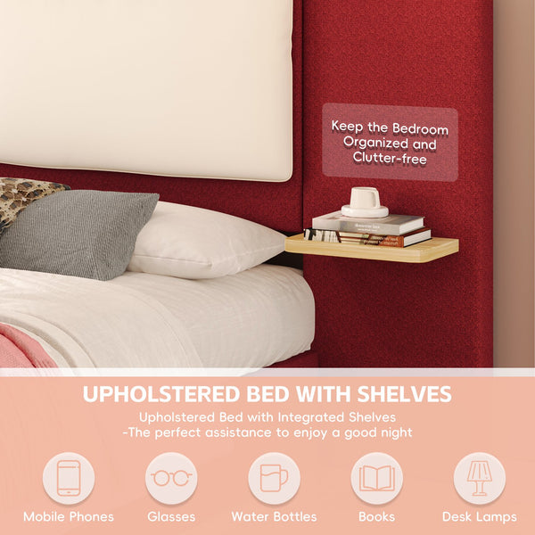 English Elm Christopher Knight Home® - King PU Leather Bed Frame with Wingback Headboard & Footboard, Gold Accents, Platform Slat Support, Elegant Design Red 76.4 L x 12.75 W x 8.75 H N761S0000024R