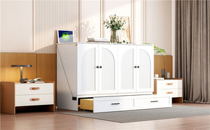 English Elm Full Size Murphy Bed Rattan Cabinet with Storage Drawers and Gold Hardware White N708S00009K
