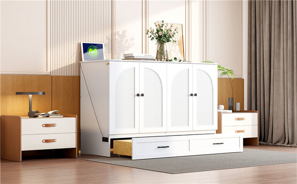 English Elm Full Size Murphy Bed Rattan Cabinet with Storage Drawers and Gold Hardware White N708S00009K