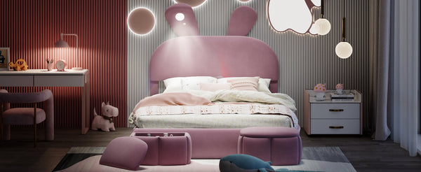 English Elm Full Pink Velvet Platform Bed Cartoon Ear Headboard Led Light Storage Stools N709P195300H-1
